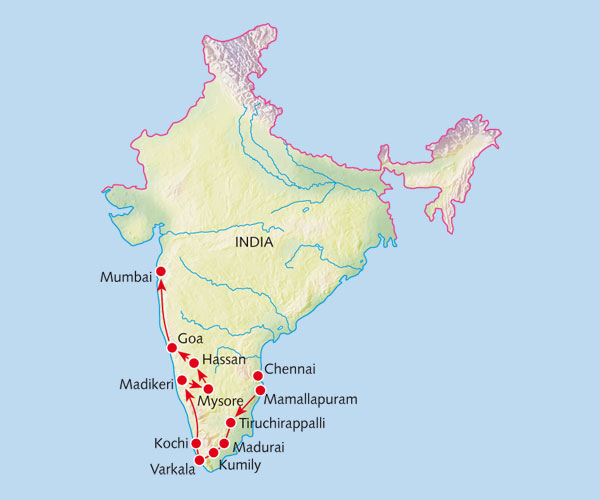 Reisroute kaartje Zuid-India